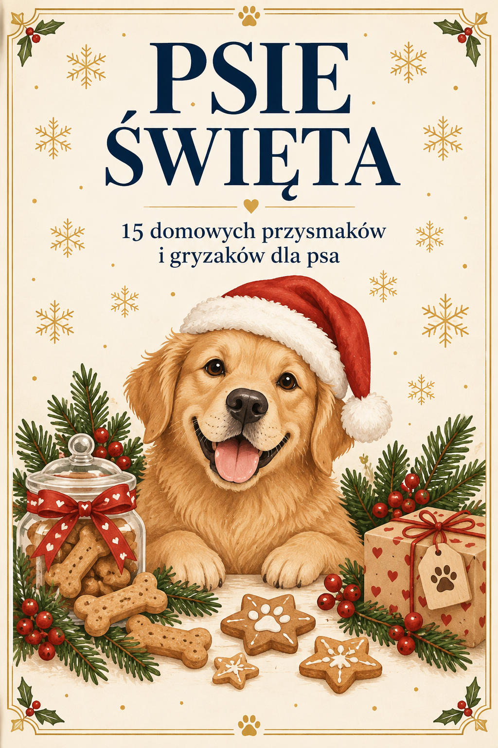 Okładka ebooka „Psie Święta” – pies w czapce Świętego Mikołaja wśród piernikowych gwiazdek